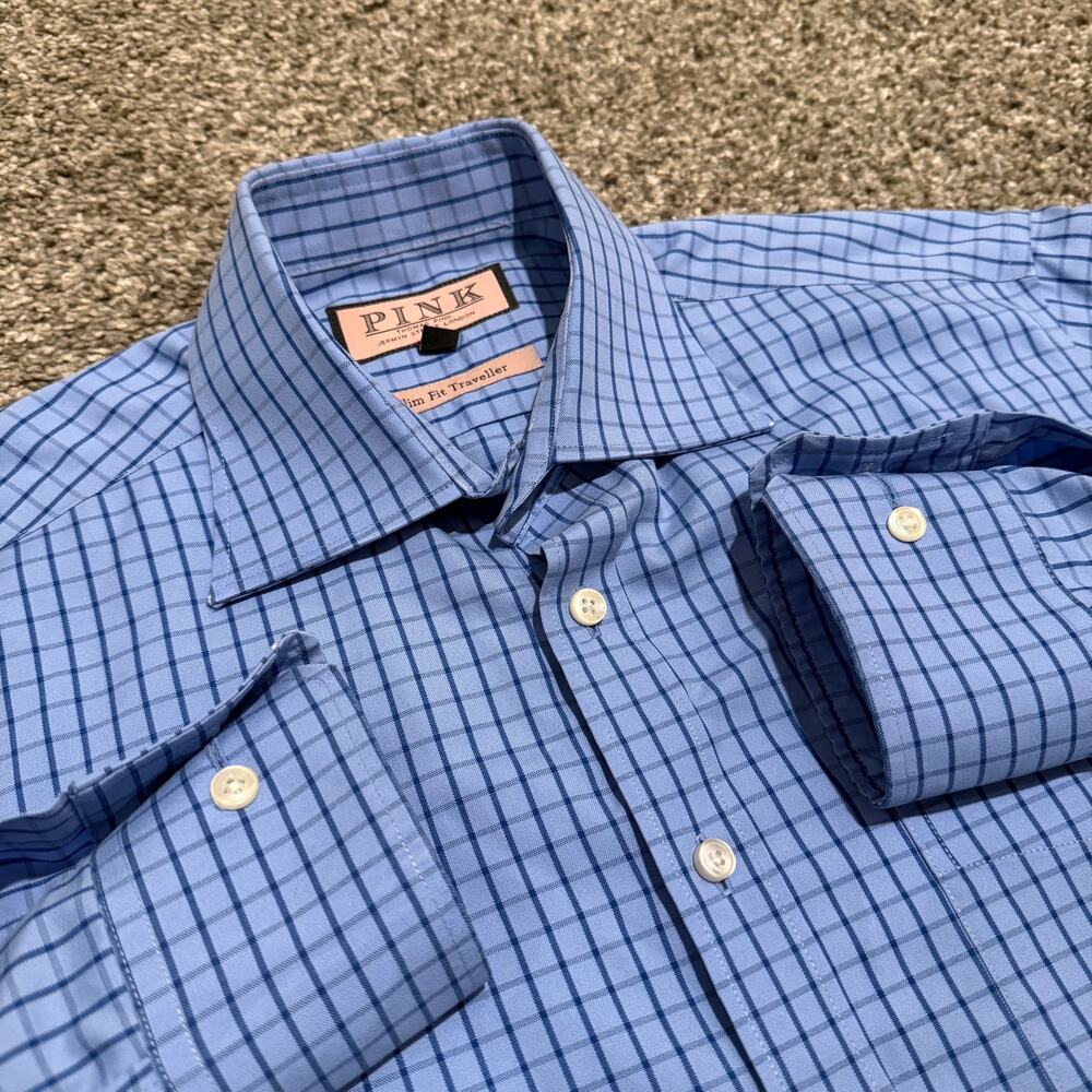 Thomas Pink Jermyn Street Slim Fit Traveller Shirt 15 38 Blue Check